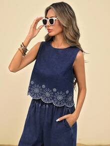 SHEIN TRVLCHIC Women's Fashion Embroidered Denim Vest Top - Dark Wash - View 7