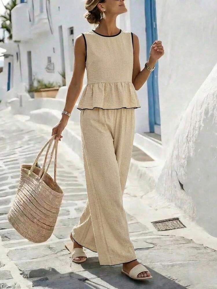 Women's Vacation Textured Ruffle Hem Round Neck Camisole And Loose Pocket Wide Leg Pants 2 Pieces Set Summer Outfits For Women Casual Sets For Women Summer Set Summer Holiday Outfits Two Piece Set For Women Matching Sets For Women Holiday Co-Ord Sets Summer Two Piece Set Matching Sets For Women