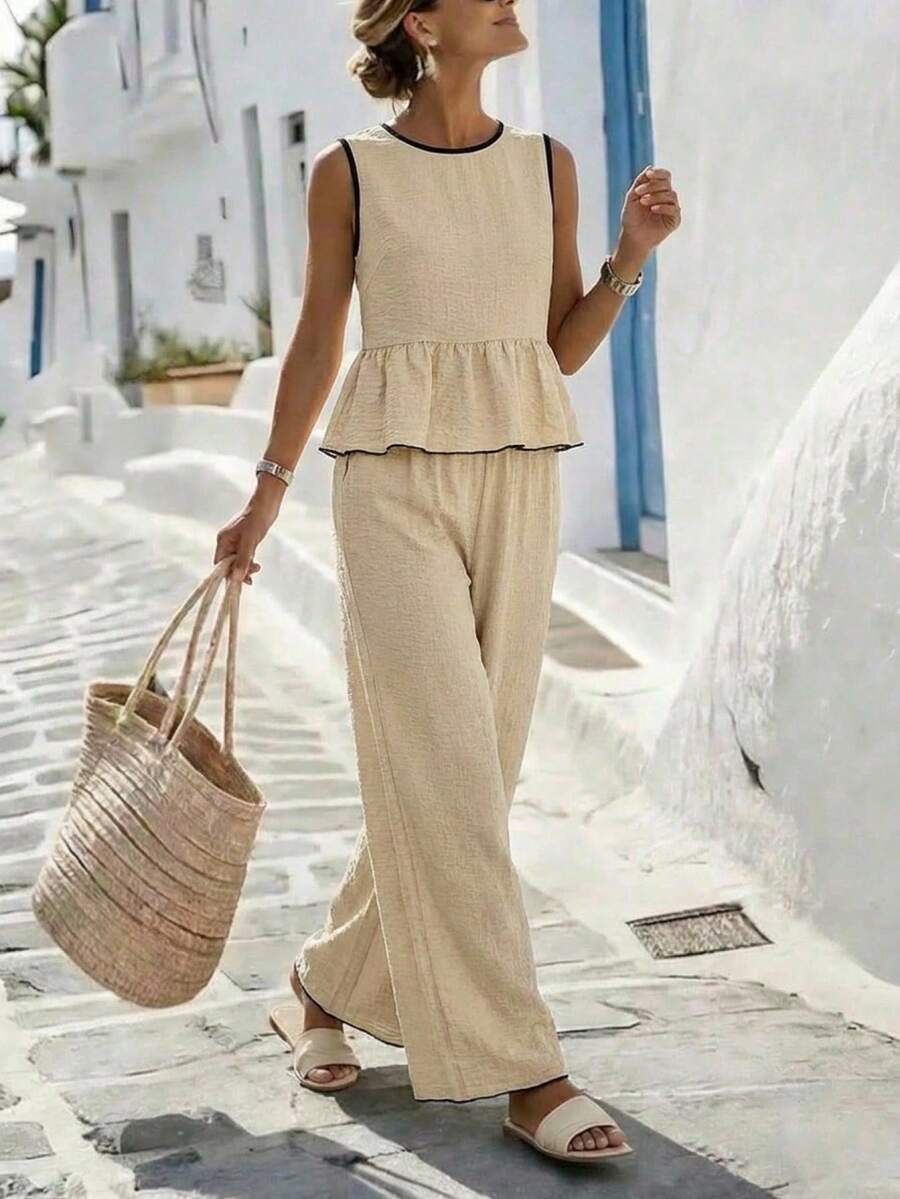 Women's Vacation Textured Ruffle Hem Round Neck Camisole And Loose Pocket Wide Leg Pants 2 Pieces Set Summer Outfits For Women Casual Sets For Women Summer Set Summer Holiday Outfits Two Piece Set For Women Matching Sets For Women Holiday Co-Ord Sets Summer Two Piece Set Matching Sets For Women - Apricot - View 1