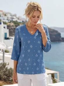 SHEIN LUNE Women's Casual Floral Embroidered V Neck Blouse,Blue And White Flower Boho Summer Quarter Sleeve Top,Autumn Vacation Holiday Shirt - Blue - View 5