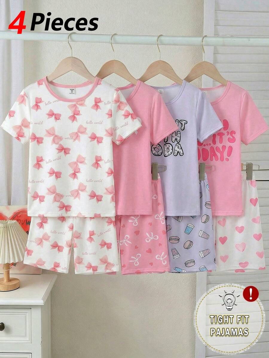 4件套女童可爱时尚粉色蝴蝶结印花针织弹力柔软舒适贴身圆领短袖短裤睡衣2套 - 粉色 - 查看 1