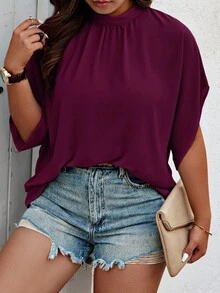 SHEIN Unity 大码女式纯色褶皱休闲百搭日常衬衫 - 酒紅色 - 查看 1