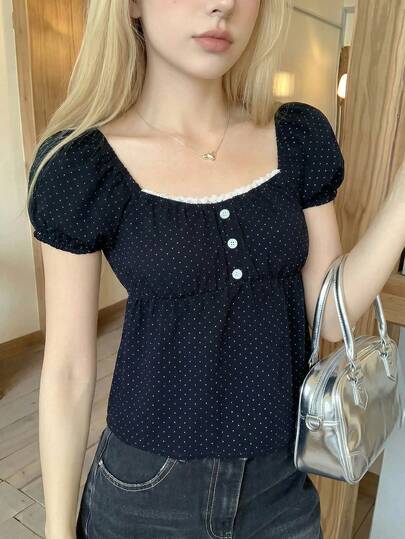 SHEIN 少女波点印花甜心领泡泡袖可爱衬衫