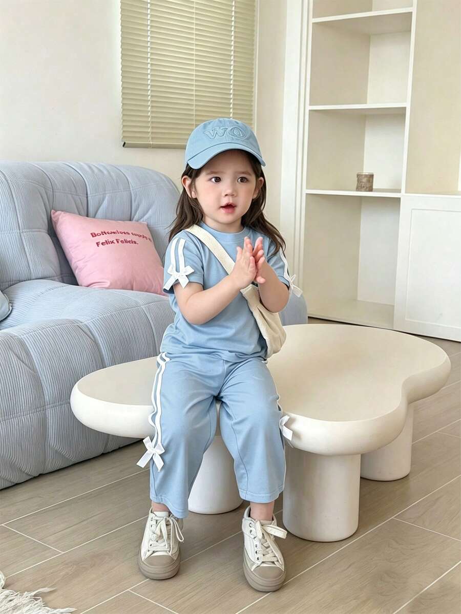 Souflis Souflis 2件套女婴0-3岁休闲百搭街头风浅蓝色T恤和裤子套装
