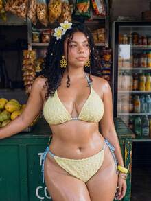 SHEIN Swim Mod 大码女式两件套随机印花吊带性感沙滩度假比基尼泳衣 - 彩色 - 查看 3