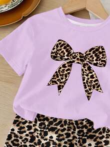 Vintage Leopard Print Bow, Baby Girl Casual Minimalist Round Neck Short Sleeve T-Shirt And Tight Shorts Set, Suitable For Spring And Summer - Multicolor - View 3