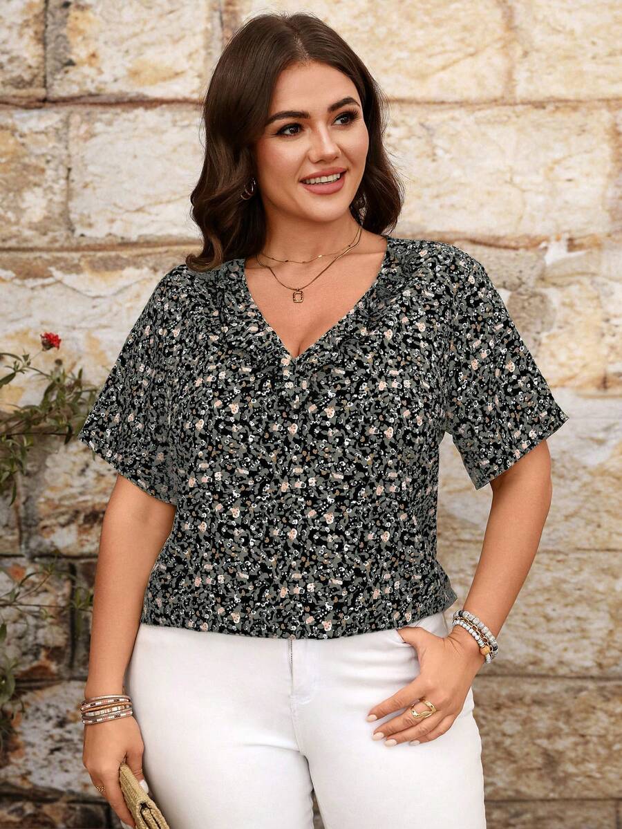 EMERY ROSE Plus Size Women's Fresh Green Floral Ruffle V-Neck Cotton Blouse,Casual Business Tops,Black,Summer,Boho,Everyday New Arrivals Early Spring Casual Tops - Black - View 1