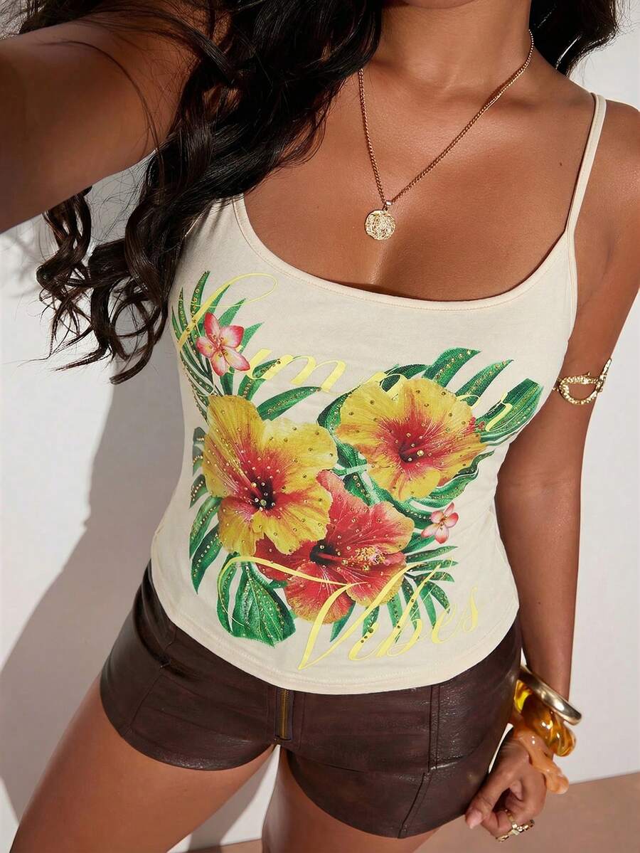 SHEIN BAE Tropical Floral Print Rhinestone Embellished Sleeveless Camisole Top, Suitable For Beach, Casual, Holiday, Music Festival - Apricot - View 1