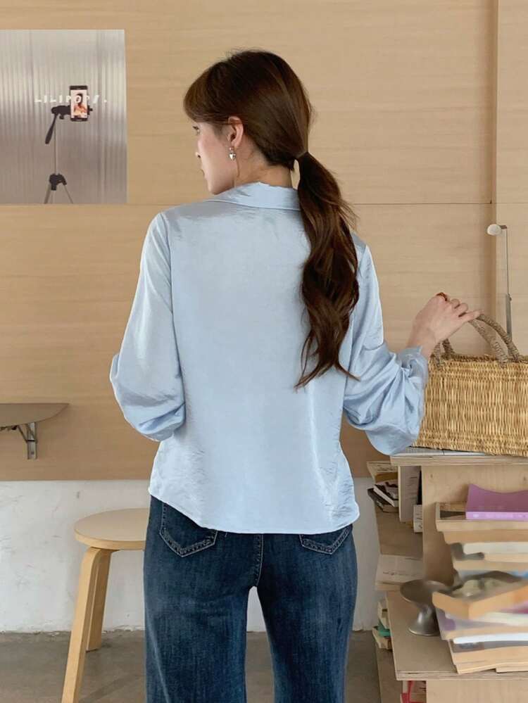 Solid Color Contrast Lace Casual Pullover 2 In 1 Long Sleeve Blouse, Summer