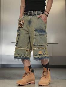 Manfinity EMRG Men's Casual Washed Distressed Cargo Denim Shorts - Light Wash - View 6