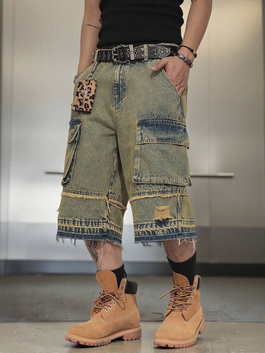 Manfinity EMRG Quần short denim nam kiểu cargo, phong cách thường ngày, đã qua xử lý và có dấu hiệu rách. - Rửa nhẹ - Xem 1