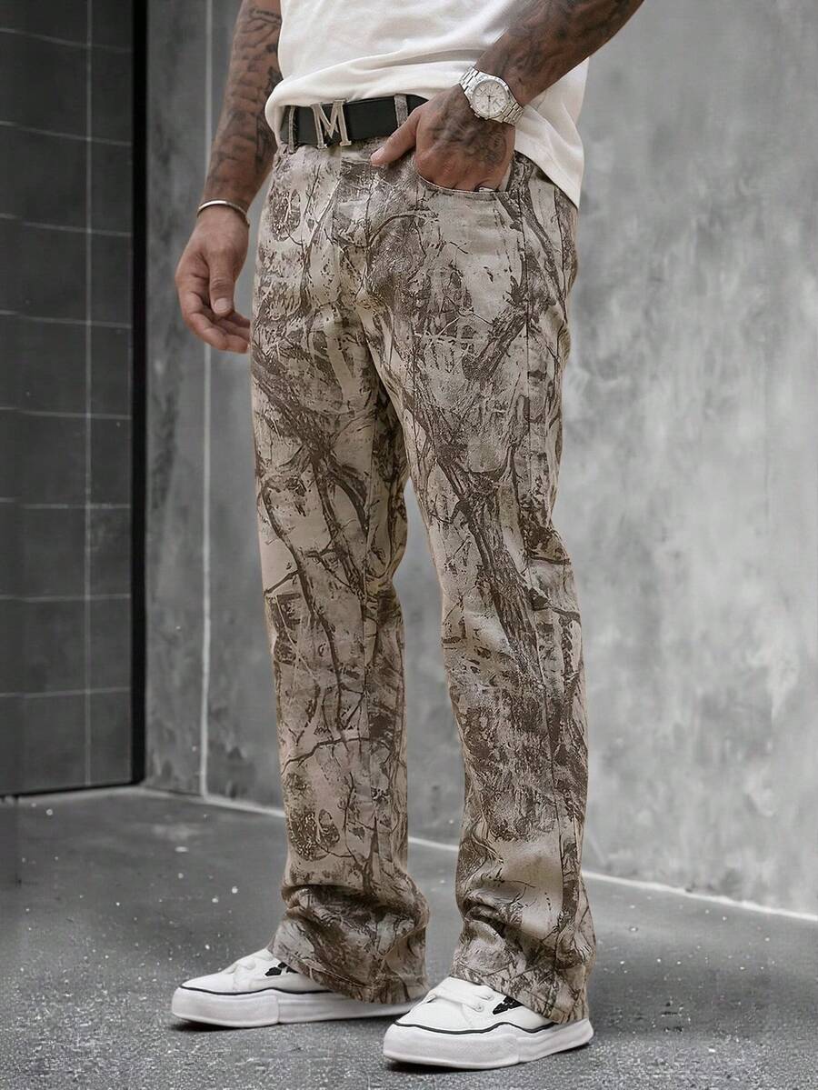SLATEMANN Men's Street Casual Light Khaki Camo Cargo Pants With Botanical Pattern - Khaki - View 1