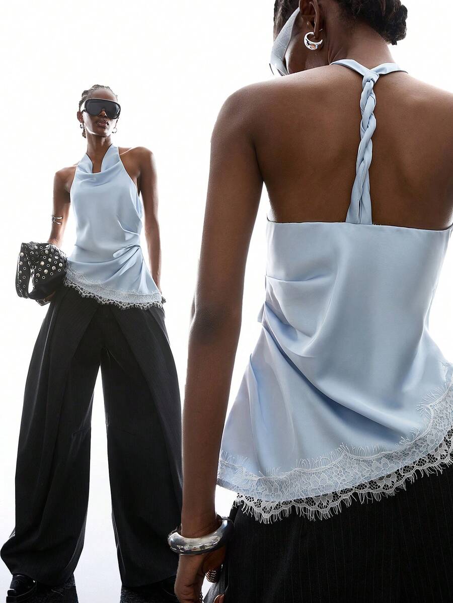 LYSMO 女士纯色甜美蕾丝拼接荷叶边吊带上衣 - 淺藍色 - 查看 1