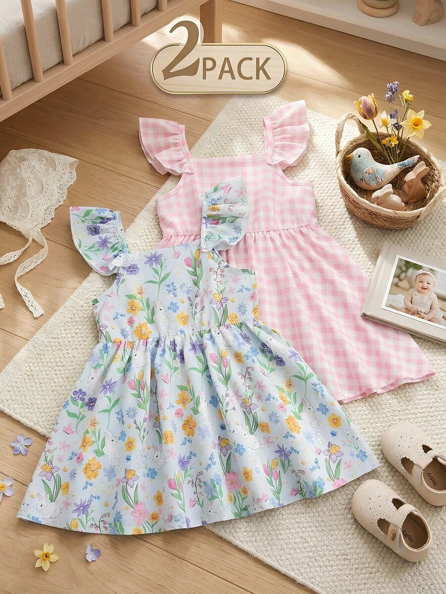 Souflis Souflis 2pcs/Set Toddler Girls' French Style Plaid & Floral Print Ruffle Sleeve Button Front Dress, Cute Summer Holiday Outfit Dresses For Girls - Multicolor - View 1