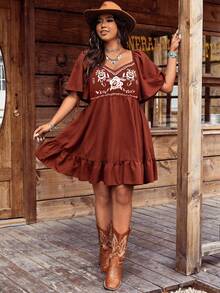 Vestido de mujer talla grande con cuello cuadrado bordado, mangas con volantes y estilo bohemio - Café integral - Ver 4