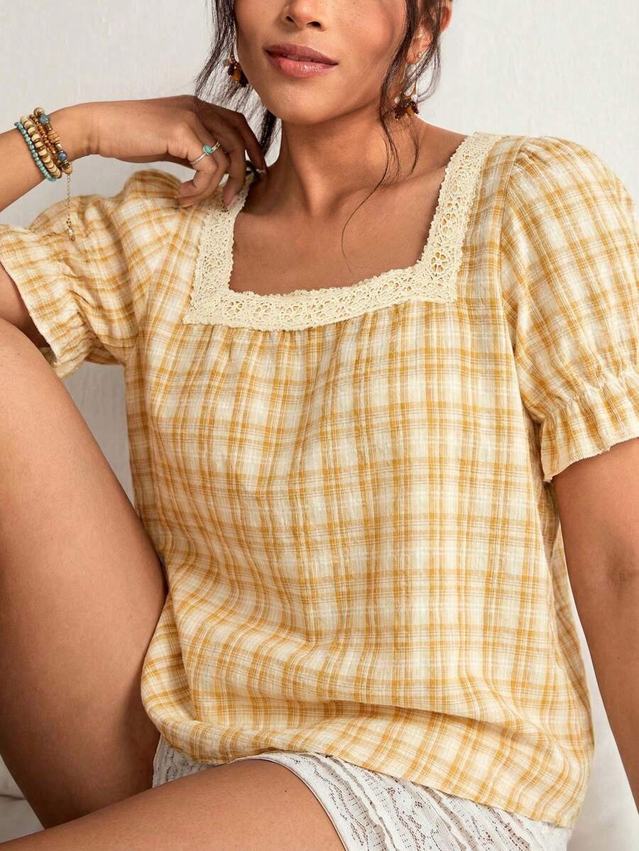 Freevana Camisa casual de mujer talla grande con cuello cuadrado y estampado a cuadros, para verano - Amarillo - Ver 1