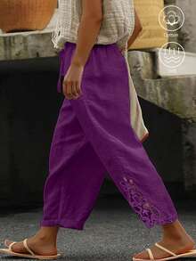 SHEIN LUNE CURVE Plus Size Casual Cotton Linen Patchwork Embroidered Floral Hem Pants - Purple - View 1