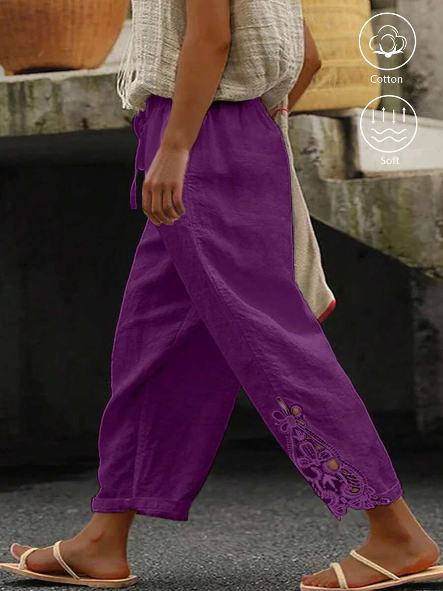 SHEIN LUNE CURVE Plus Size Casual Cotton Linen Patchwork Embroidered Floral Hem Pants - Purple - View 1