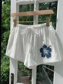 SHEIN EZwear Quần short nữ màu trắng kiểu retro họa tiết hoa dâm bụt, thắt eo, thích hợp cho các lễ hội âm nhạc, bãi biển, kỳ nghỉ và những chuyến đi chơi mùa hè. - Nhiều màu - Xem 3