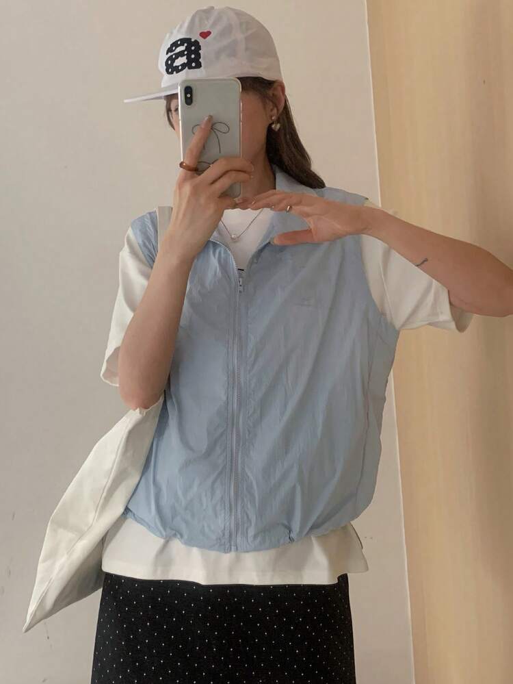 Women's Loose Solid Color Turndown Collar Sleeveless Jacket With Drawstring And Zipper, Casual Sports Vacation Summer Vest