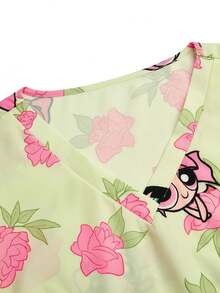 PopScrub THE POWERPUFF GIRLS X SHEIN Women's Light Yellow Rose Floral All-Over Print V-Neck Nurse Uniform - Multicolor - View 6