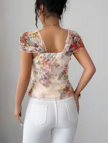 Elenzga Áo kiểu nữ thanh lịch, tinh tế, xếp lớp, viền bèo nhún, thích hợp cho các bữa tiệc, hẹn hò, mua sắm và các dịp khác, mùa xuân/hè. - Màu be - Xem 2