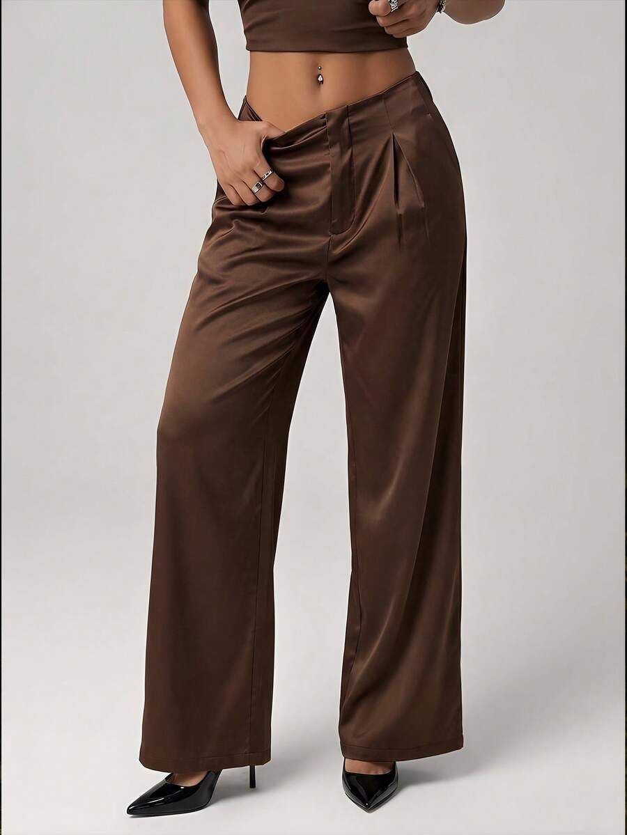 SHEIN ICON Women's Casual Vacation Solid Color Maxi Pants - Brown - View 1