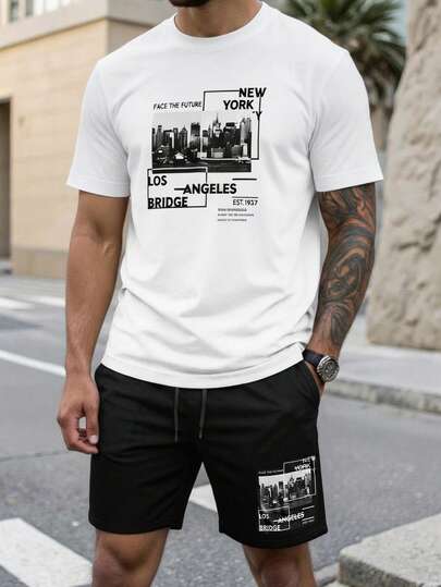 Sorvial 男士标语印花圆领短袖 T 恤和抽绳短裤套装