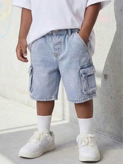 Trending Summer Young Boys' Washed Denim Utility Cargo Shorts, Elastic Waist Loose Straight Leg Design