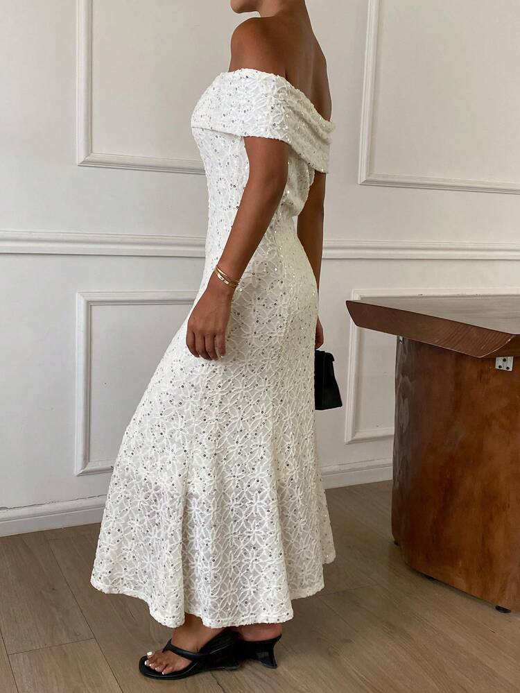 Casual Elegant Off-Shoulder Textured Dress For Women, Spring & Summer