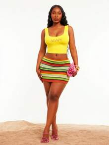 SHEIN SXY Plus Size Yellow Summer 80s Fancy Dress Holiday Pride Month Women's 2-Piece Set,Letter Print U-Neck Tank Top & Colorful Textured Knit Short Skirt - Multicolor - View 9