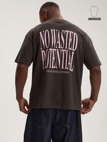 Musero Oversized Short Sleeve Crew Neck "NO WASTED POTENTIAL" Graphic Print T-Shirt Autumn Winter Streetstyle - Brown - View 1