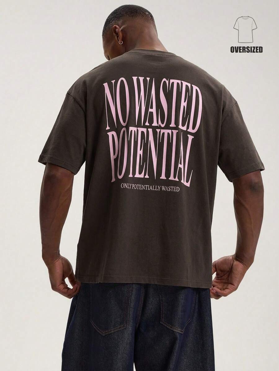 Musero Oversized Short Sleeve Crew Neck "NO WASTED POTENTIAL" Graphic Print T-Shirt Autumn Winter Streetstyle - Brown - View 1