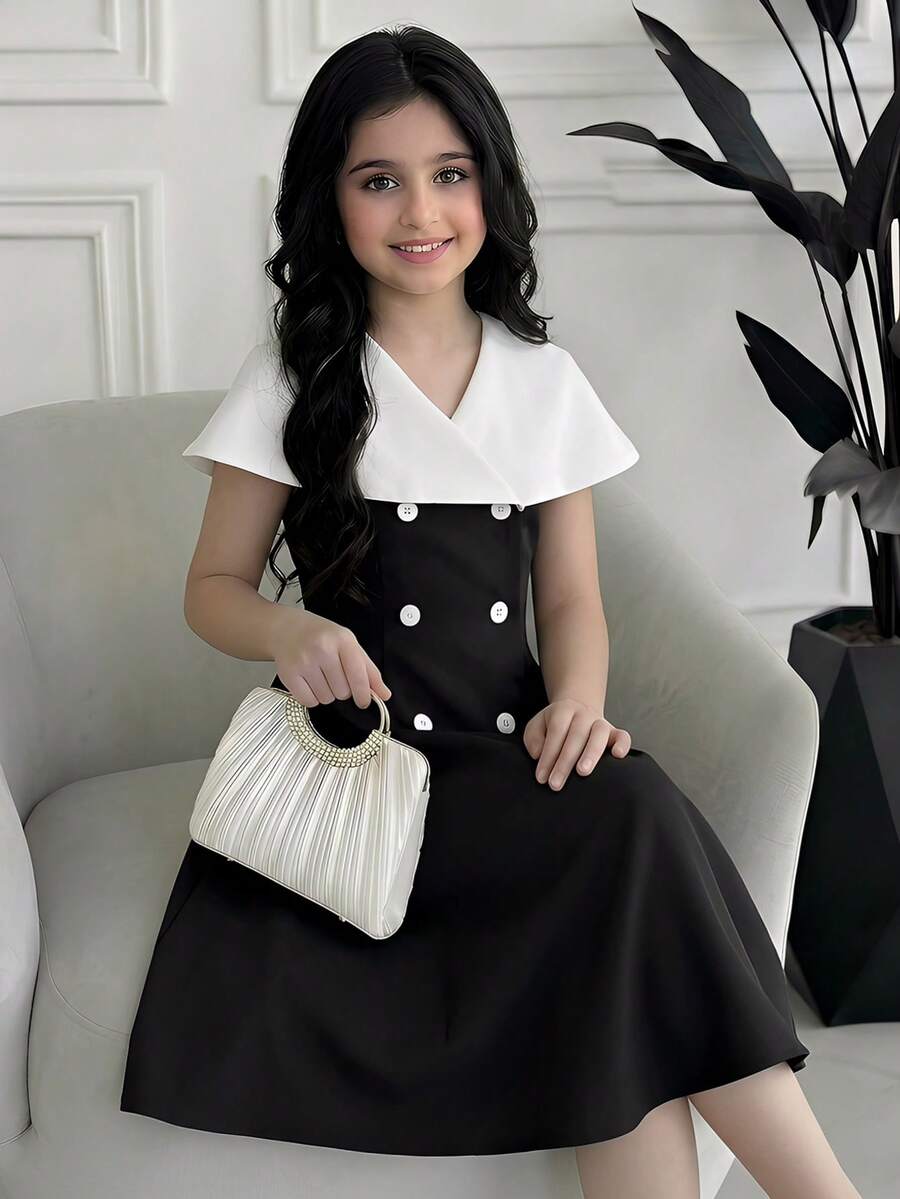 SHEIN Gaun A-Line Elegan Warna Hitam & Putih dengan Kerah Besar untuk Anak Perempuan Remaja - Hitam dan Putih - View 1