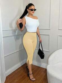 SHEIN SXY Women's Solid Color Minimalist Casual Split Hem Capri Leggings - Yellow - View 6