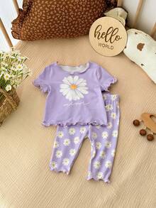 SHEIN 2pcs/Set Toddler Newborn Casual, Simple, And Versatile All-Over Print Crew Neck T-Shirt And Trousers Set Is Perfect For Spring And Summer. Casual Comfortable Daily Wear (2 Random Sets Out Of 5 Sets) - Pink - View 3