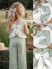 Emery Rose Kids Emery Rose Kids Conjunto de chaleco y pantalones casuales de cuello redondo con estampado de cuadros para niña - Verde - Ver 13