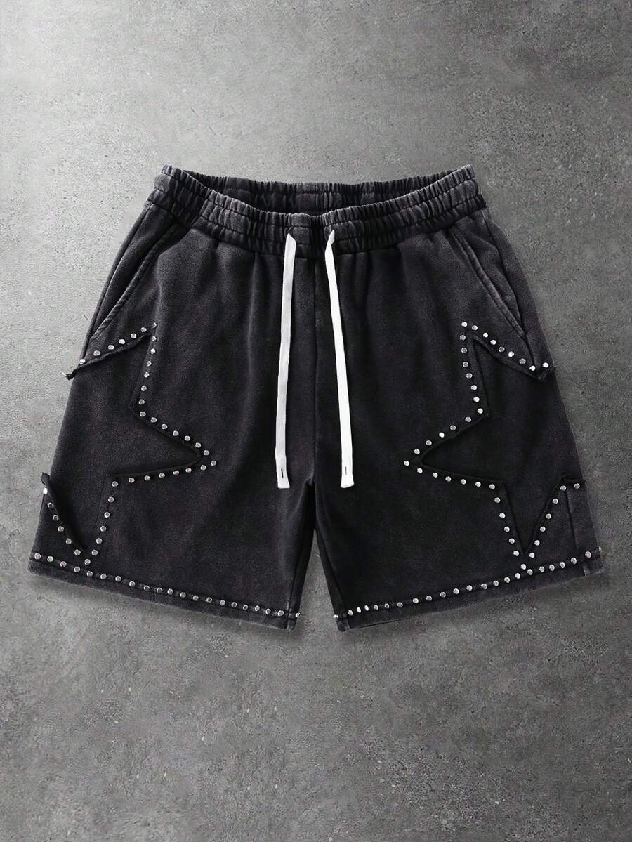 ROMWE MEN Street Life Men's Elastic Waist Drawstring Rivet Decor Casual Shorts, Summer - Black - View 1