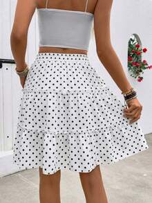 SHEIN LUNE 春夏休闲度假法式波点荷叶边层叠半身裙，时尚白色印花A字裙 - 白色 - 查看 2