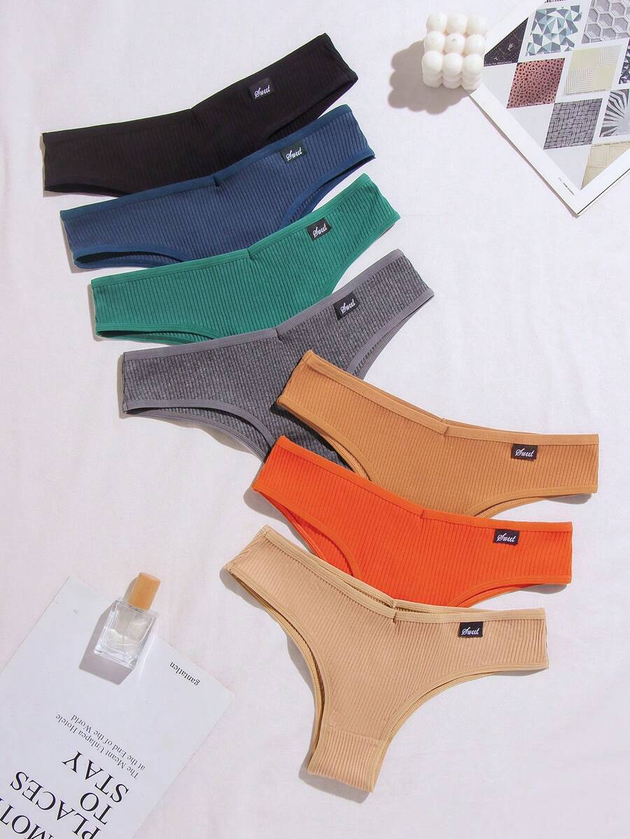 SHEIN 7pcs/Pack Solid Color Ribbed Knit Letter Seamless Comfortable Triangle Panties - Multicolor - View 1