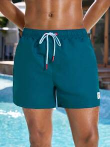 Manfinity VDAYZ Men's Summer Holiday Letter Patch Drawstring Waist Beach Shorts - Dusty Blue - View 6