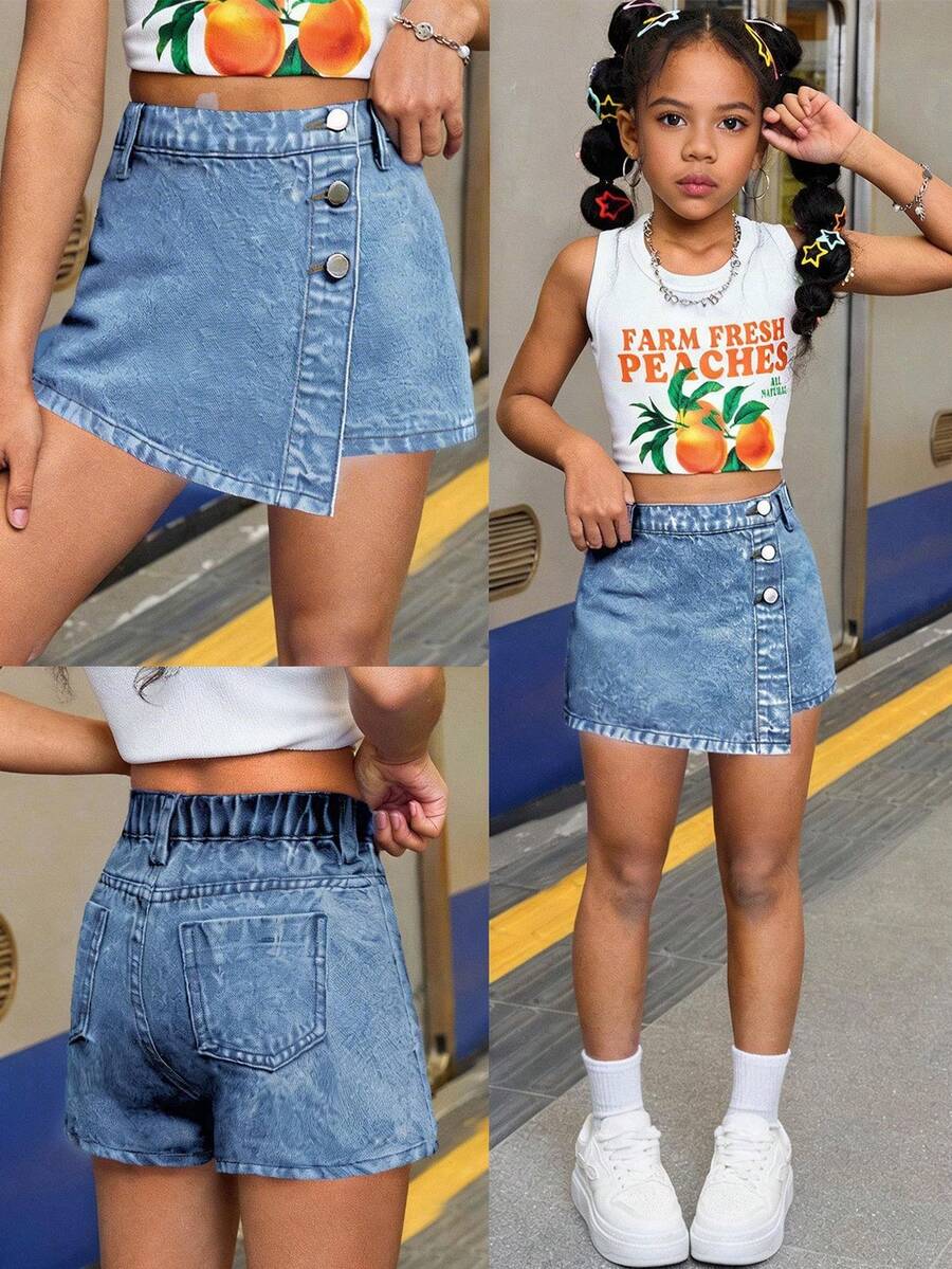 SHEIN 青少年女孩夏季Y2K休閒波西米亞風不對稱鈕扣牛仔裙褲,適合夏季度假與日常街頭穿搭 - 中等水洗藍 - 查看 1
