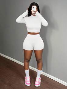 Slaydiva Bộ 3 món dành cho nữ, gồm áo thun dài tay ôm sát cổ cao, khóa kéo nửa thân, áo croptop không tay và quần short thể thao, thích hợp cho mùa hè. - trắng - Xem 7