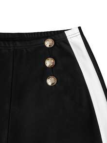 EMERY ROSE New Arrival Bestselling Office Wear Flared Button Leg Pants, Daily Fashion Slimming Wide Leg Trousers For Women - Black and White - View 4