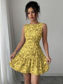 Elenzga Bohemian Style Elegant Floral Print Sleeveless Belted Mini Dress, Suitable For Graduation Season, Festivals, Spring/Summer - Multicolor - View 4