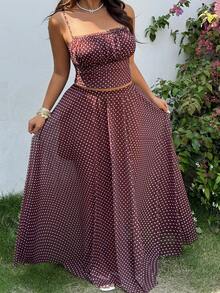 GalTyme Plus Size Women Polka Dot Print Cropped Camisole And Mini Skirt 2 Pieces Set,Burgundy,Summer,Boho,Tea Party,Wedding,Holiday,Elegant Beach Y2k - Brown - View 5