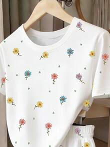 1 Set Tween Girls' Casual Fresh Daisy Ditsy Floral Loose Short Sleeve T-Shirt And Shorts, Suitable For Summer Daily Wear And Outings - Multicolor - View 3