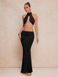 Lumalex 春夏女士性感珍珠链装饰露背吊带上衣，搭配褶皱直筒长裙，毕业季适用。 - 黑色 - 查看 7