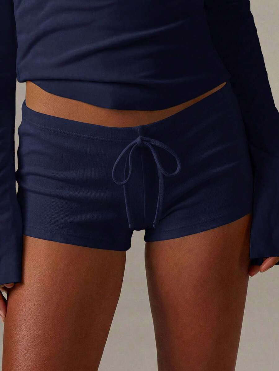 Athîral Women's Casual Solid Color Knit Gray Shorts - Navy Blue - View 1
