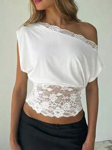 SHEIN SXY Elegant Lace Patchwork One-Shoulder Neckline Blouse - White - View 4